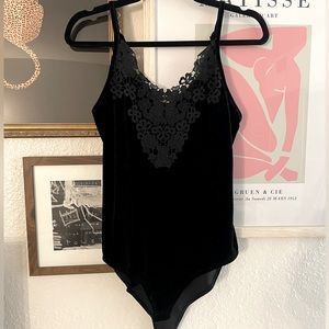 Black velvet bodysuit with floral crochet detail | Women’s size S | Worn once!